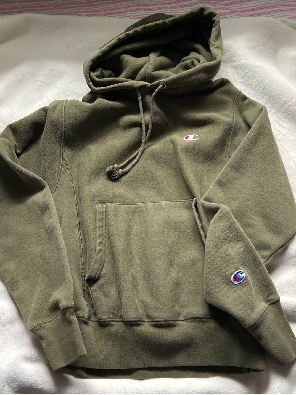 Champion Olive Green Pullover Hoodie with Logo Patch